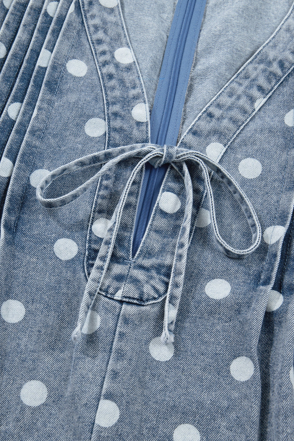 Polka Dot Denim Tie V-Neck Pleated Romper