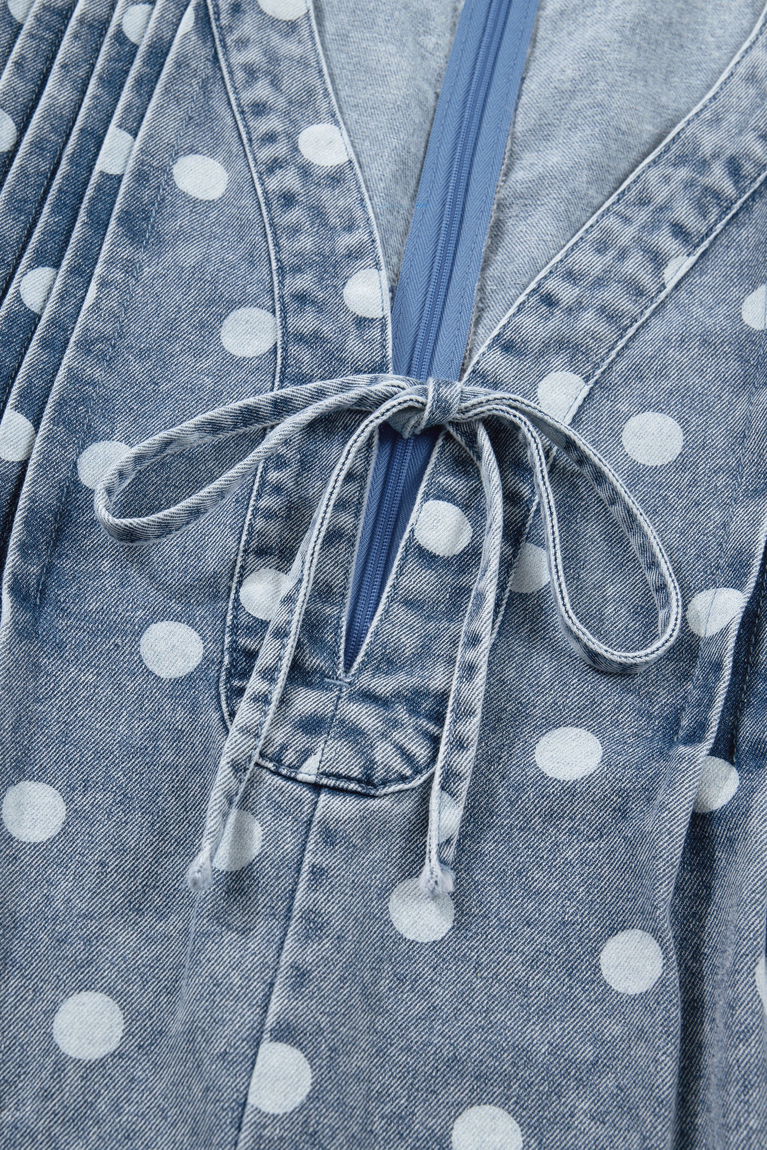Polka Dot Denim Tie V-Neck Pleated Romper