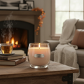 Swan Creek Candle in elegant glass jar with warm glowing flame